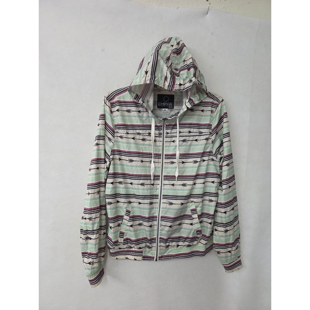 Empyre Windbreaker Jacket Women XL Green Striped Arrow Hooded Full‎ Zip Boho